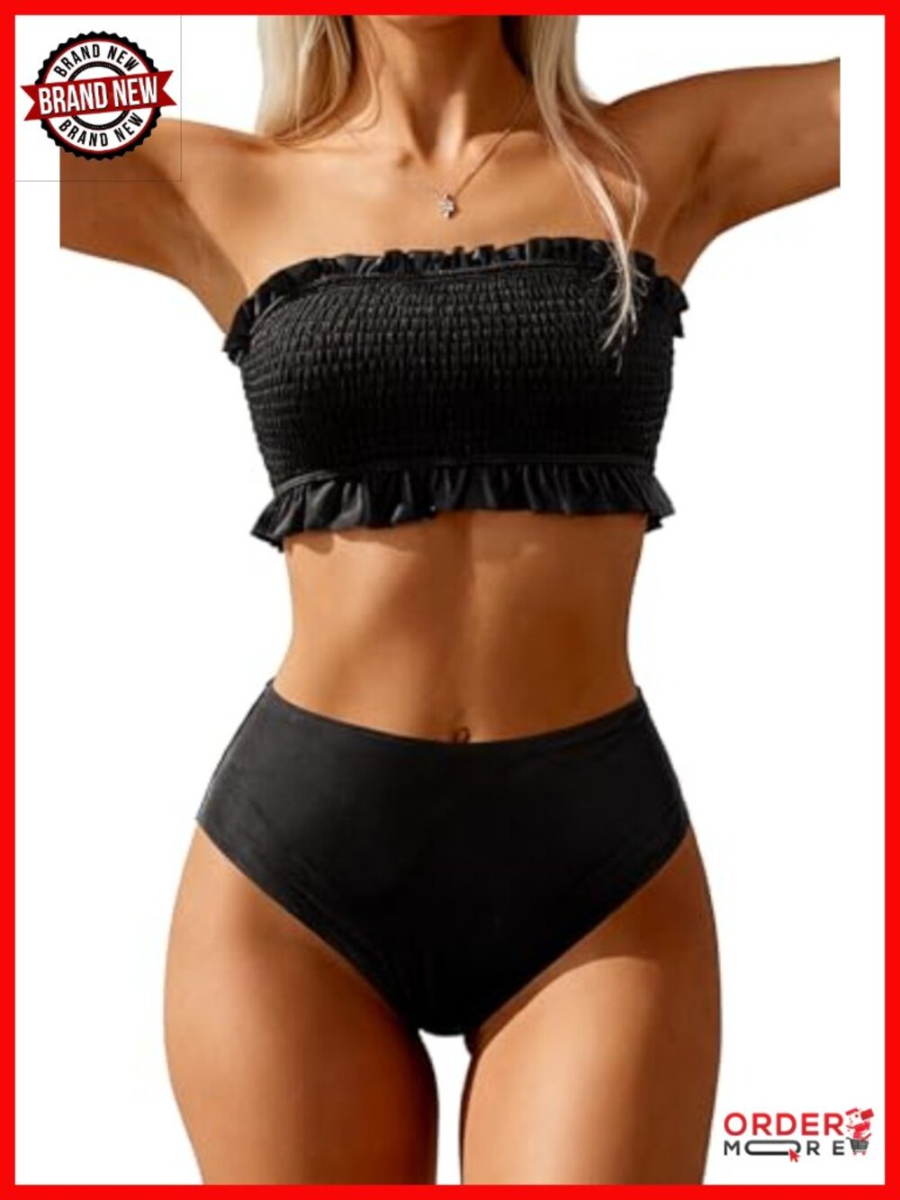 Bandau High Waisted Smocked Bikini Set with Removable Pads